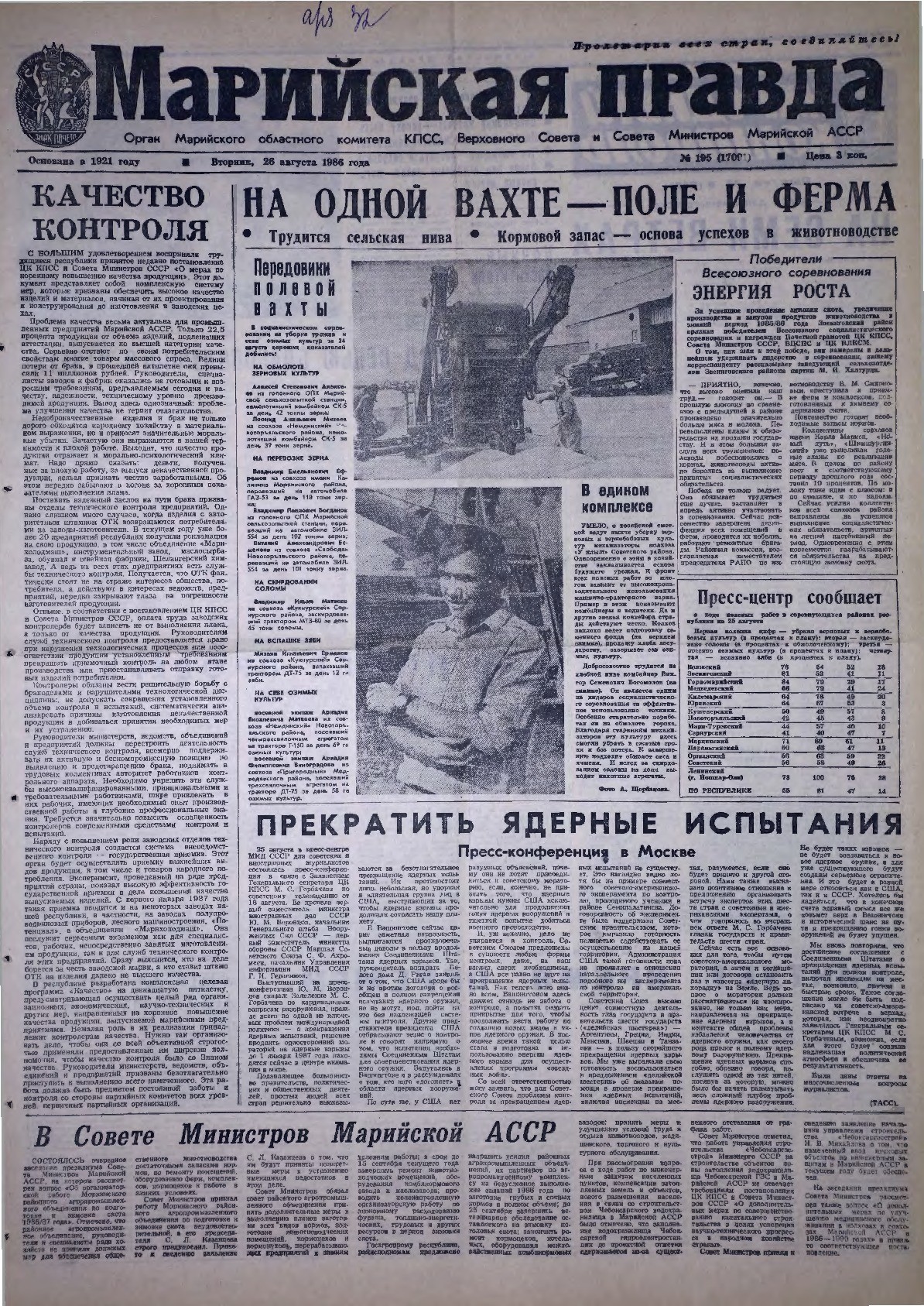 Газета «Марийская правда» от 26.08.1986
