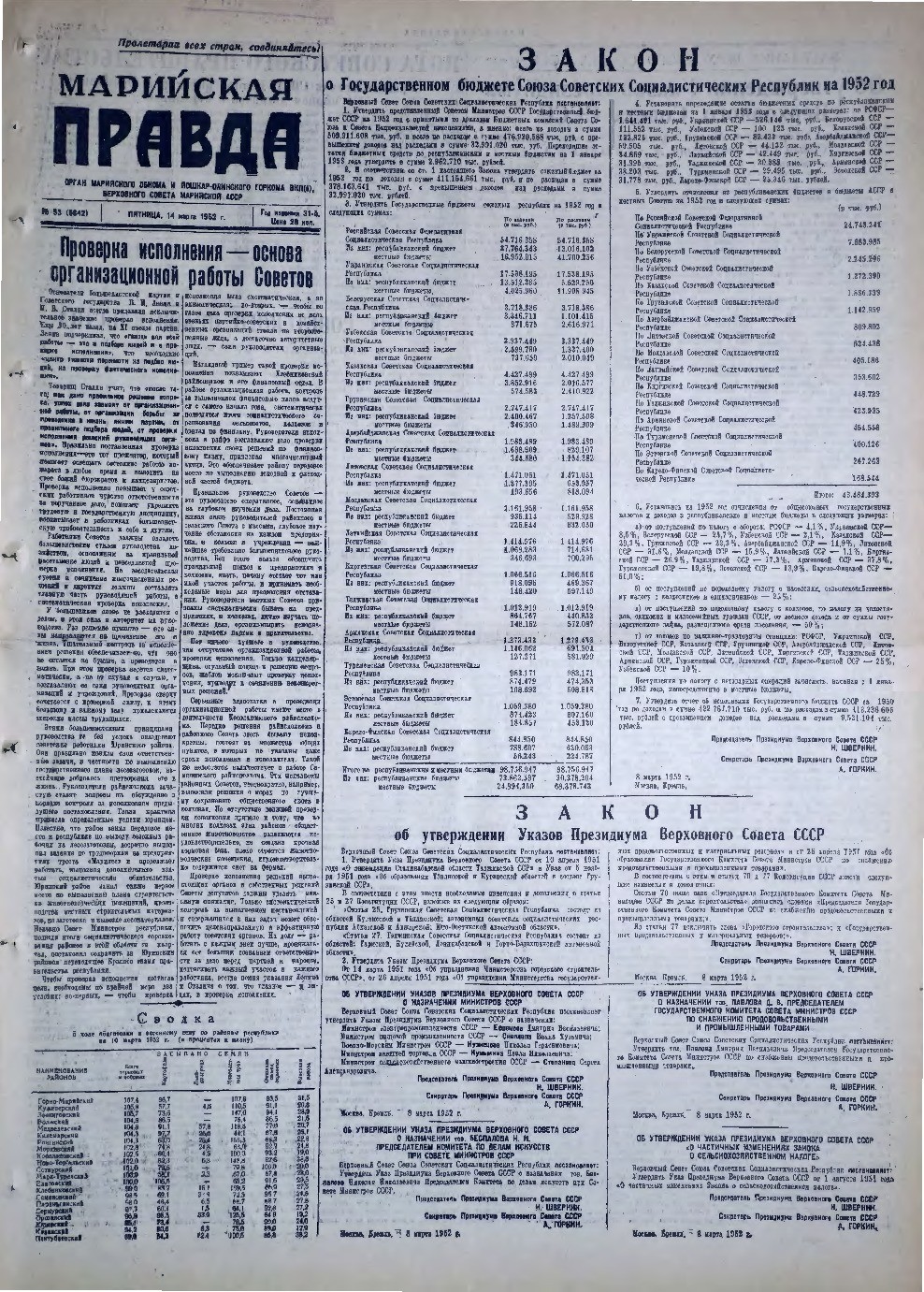 Газета «Марийская правда» от 14.03.1952