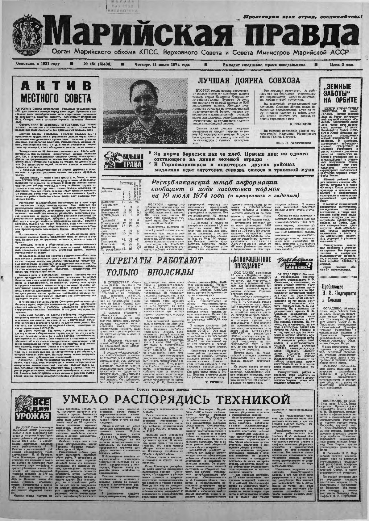 Газета «Марийская правда» от 11.07.1974