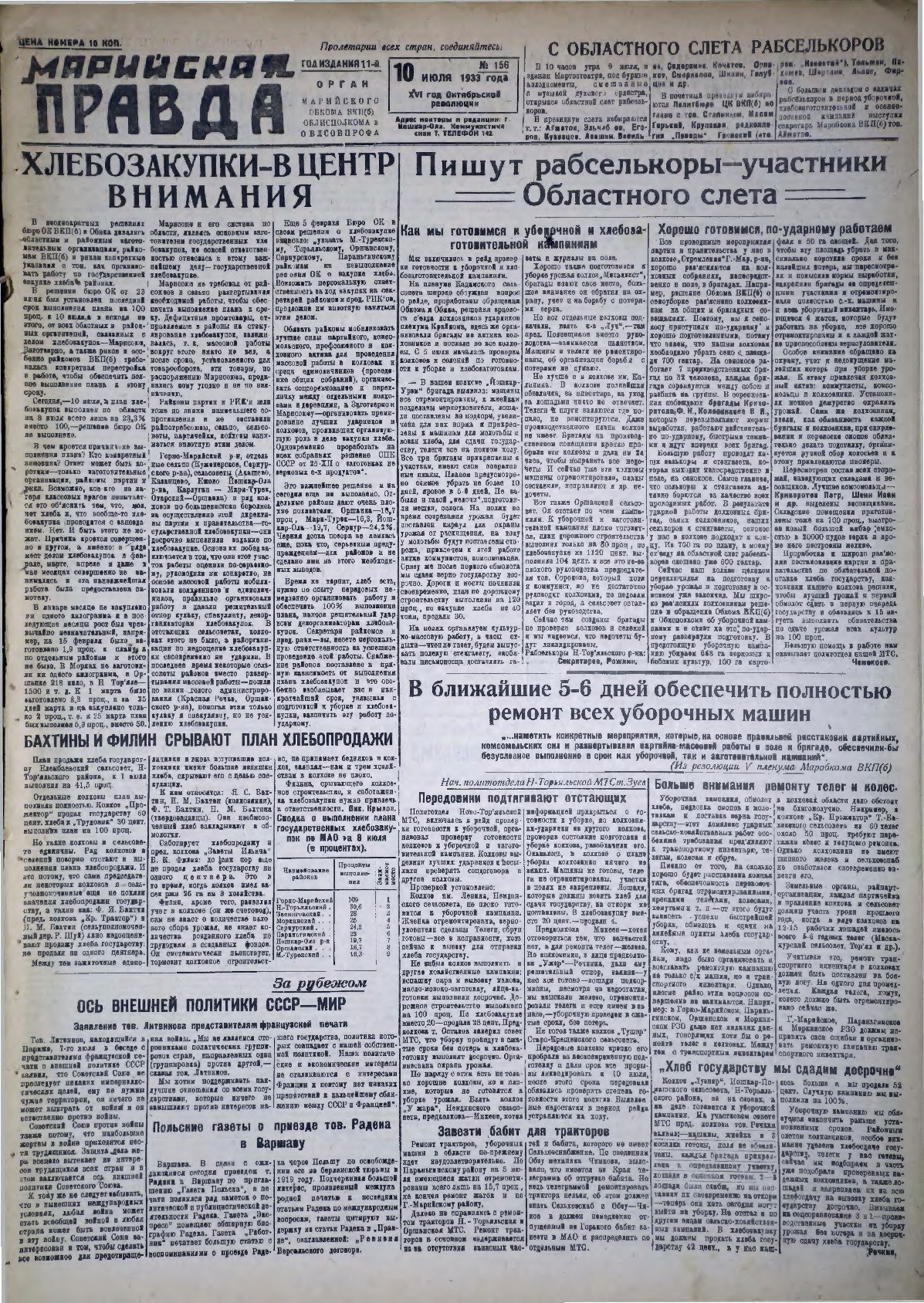Газета «Марийская правда» от 10.07.1933