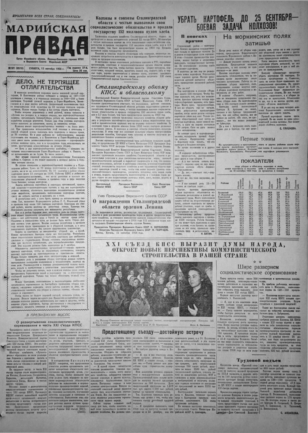 Газета «Марийская правда» от 13.09.1958