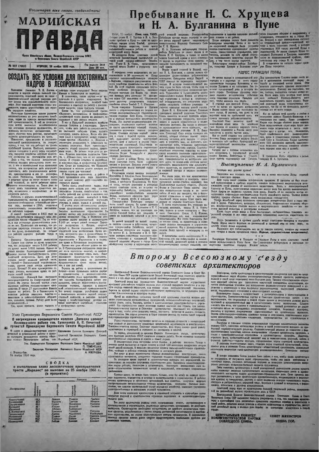 Газета «Марийская правда» от 29.11.1955