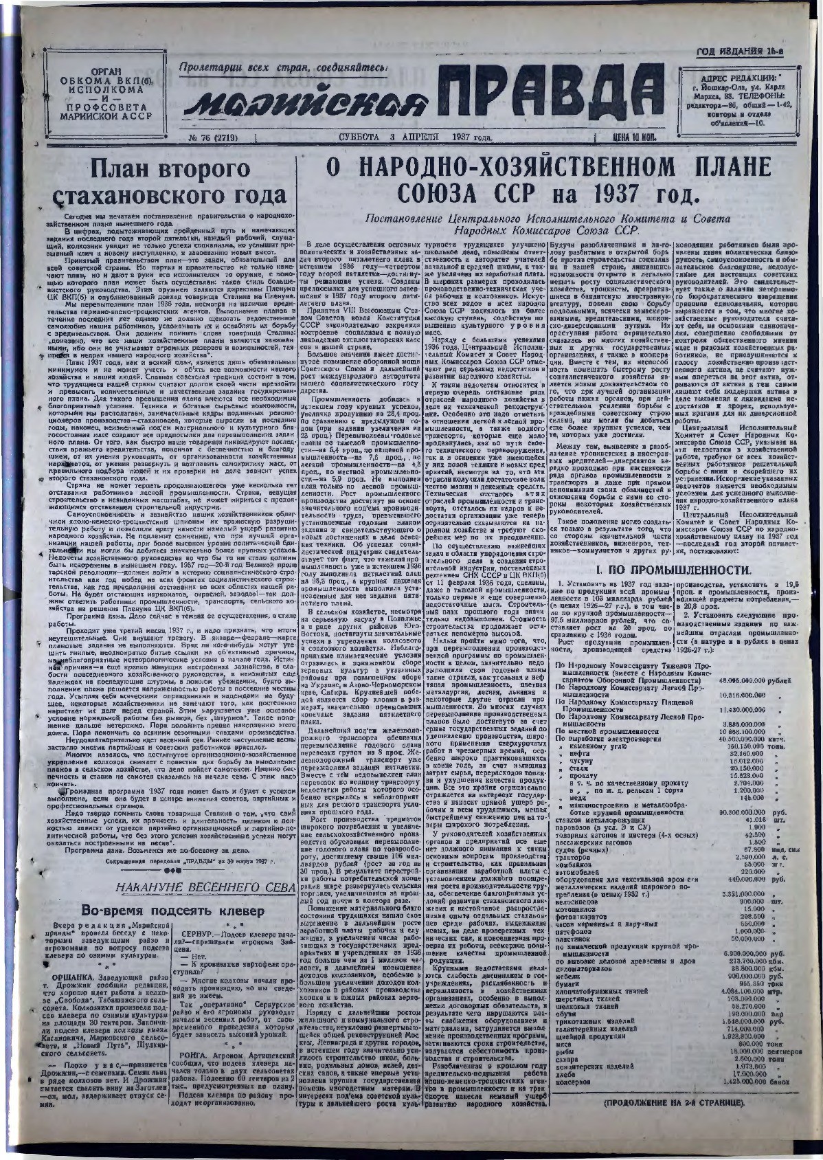 Газета «Марийская правда» от 03.04.1937