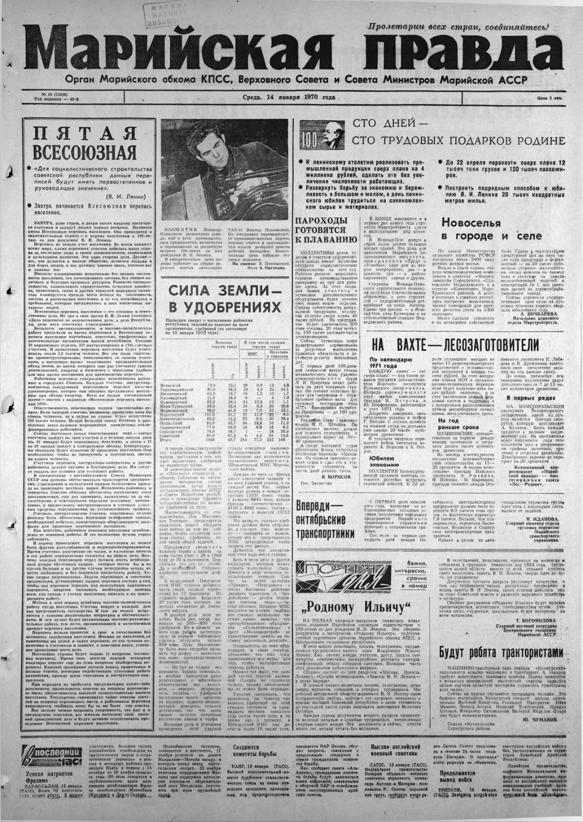 Газета «Марийская правда» от 14.01.1970