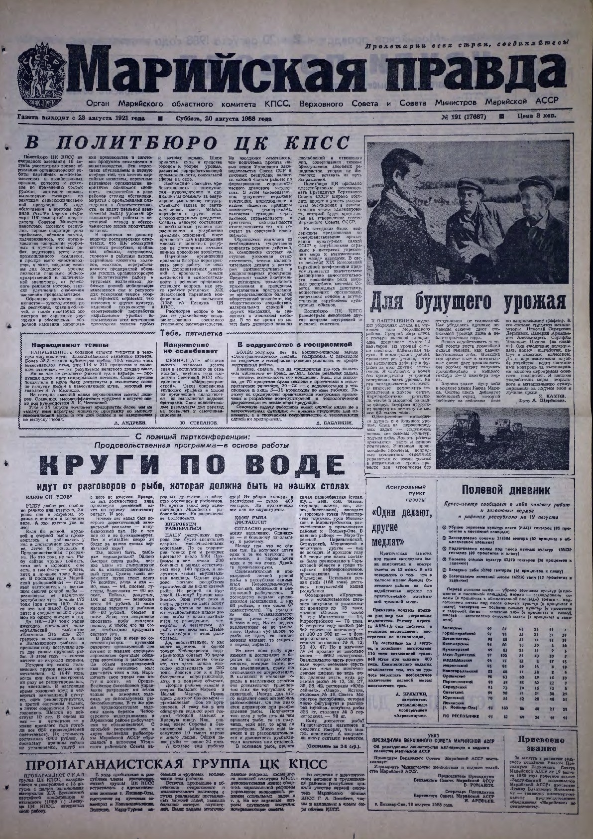 Газета «Марийская правда» от 20.08.1988