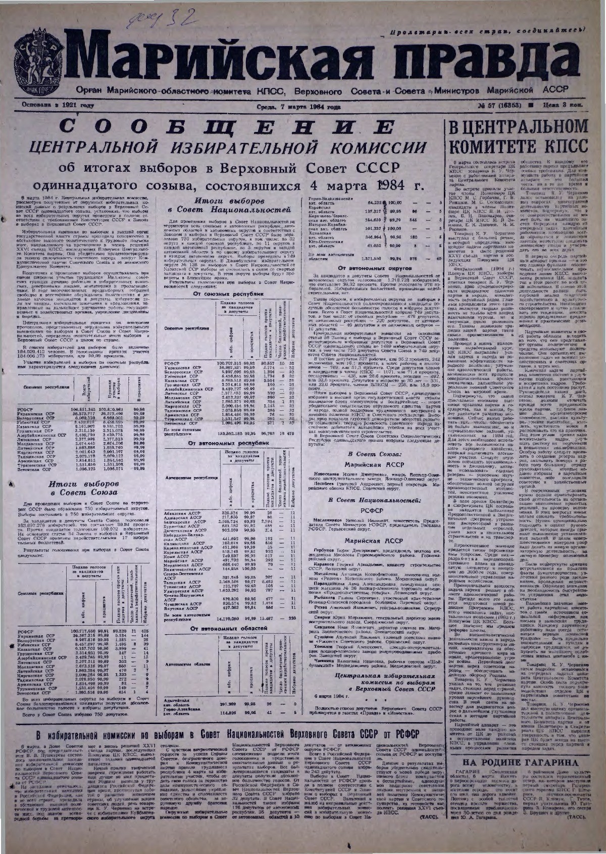 Газета «Марийская правда» от 07.03.1984