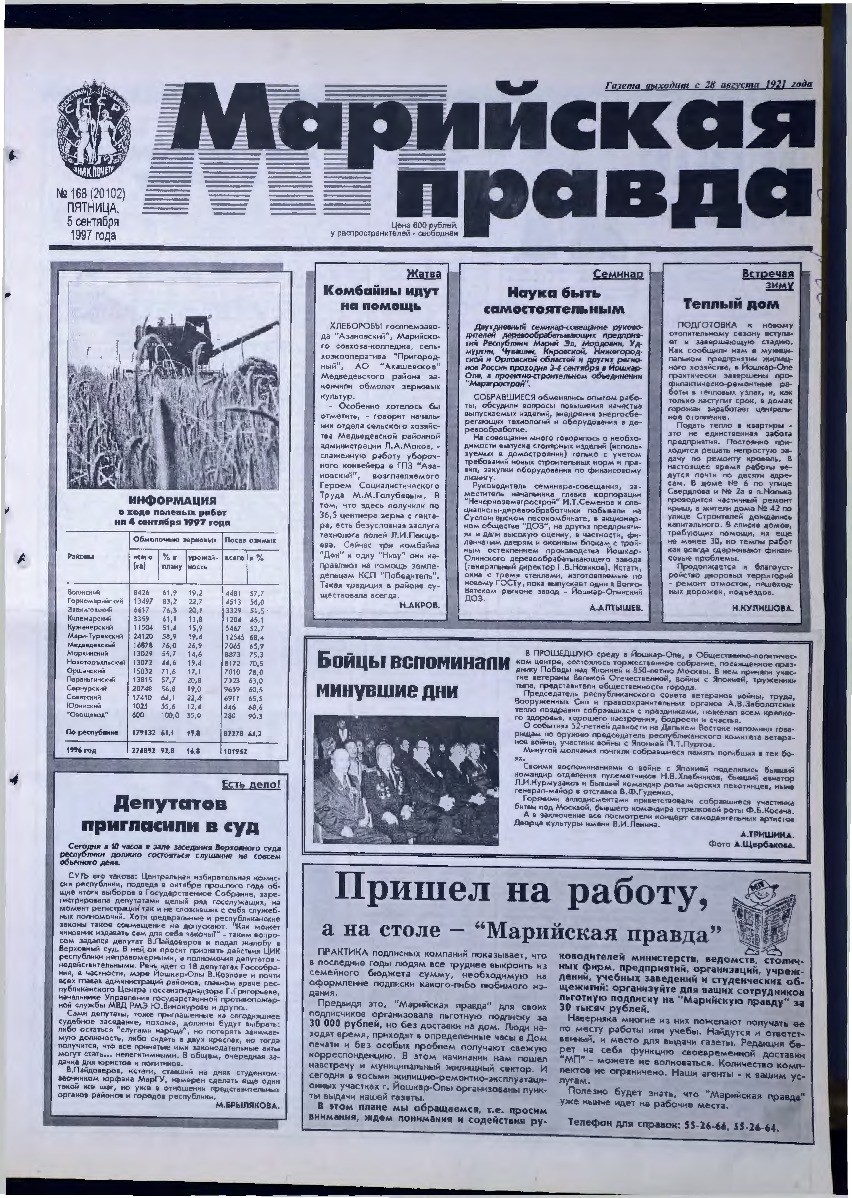 Газета «Марийская правда» от 05.09.1997