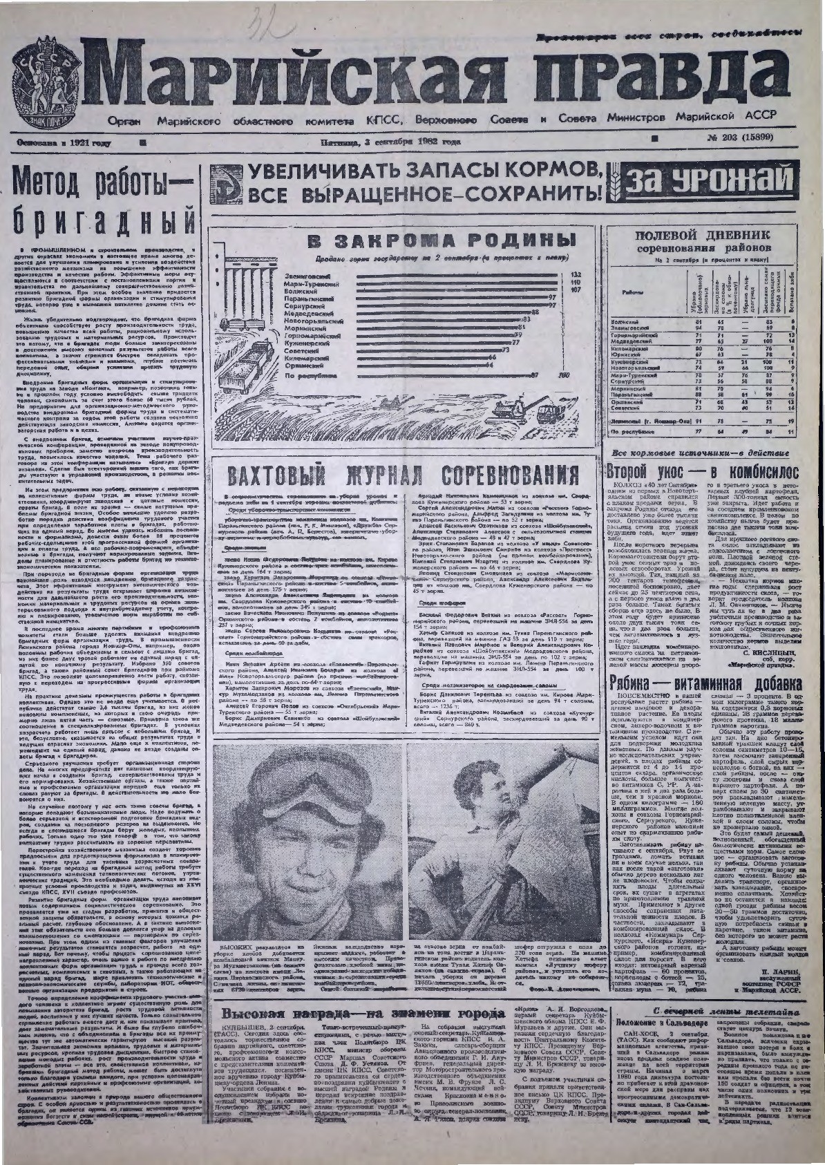 Газета «Марийская правда» от 03.09.1982