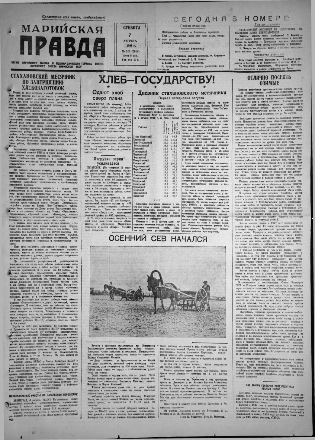 Газета «Марийская правда» от 07.08.1948