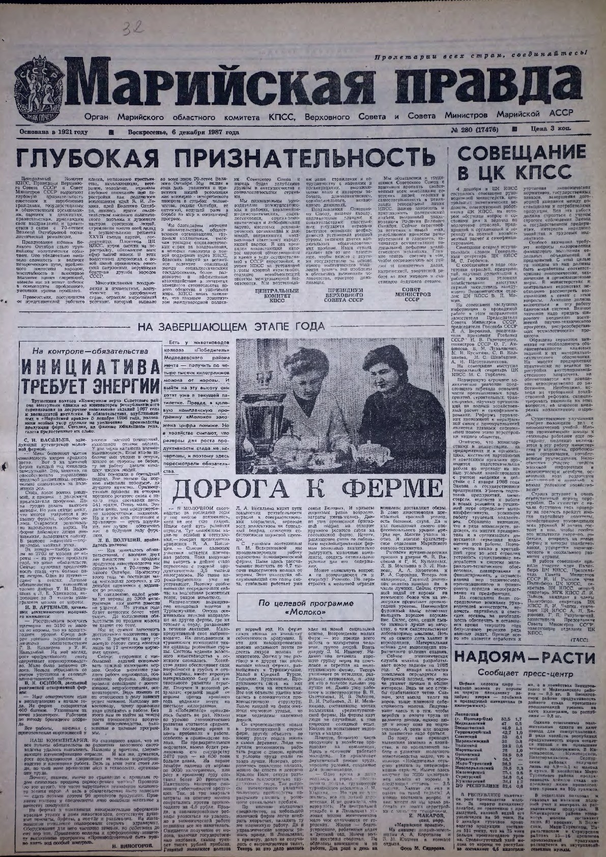 Газета «Марийская правда» от 06.12.1987