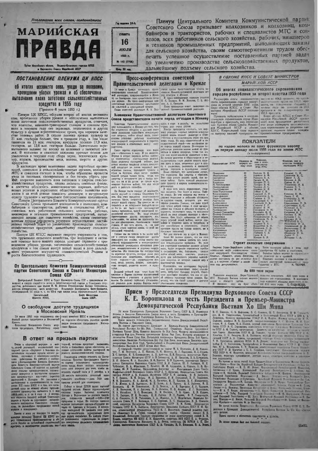 Газета «Марийская правда» от 16.07.1955