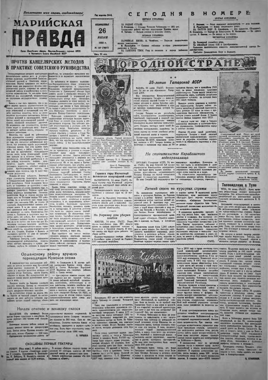 Газета «Марийская правда» от 26.06.1955