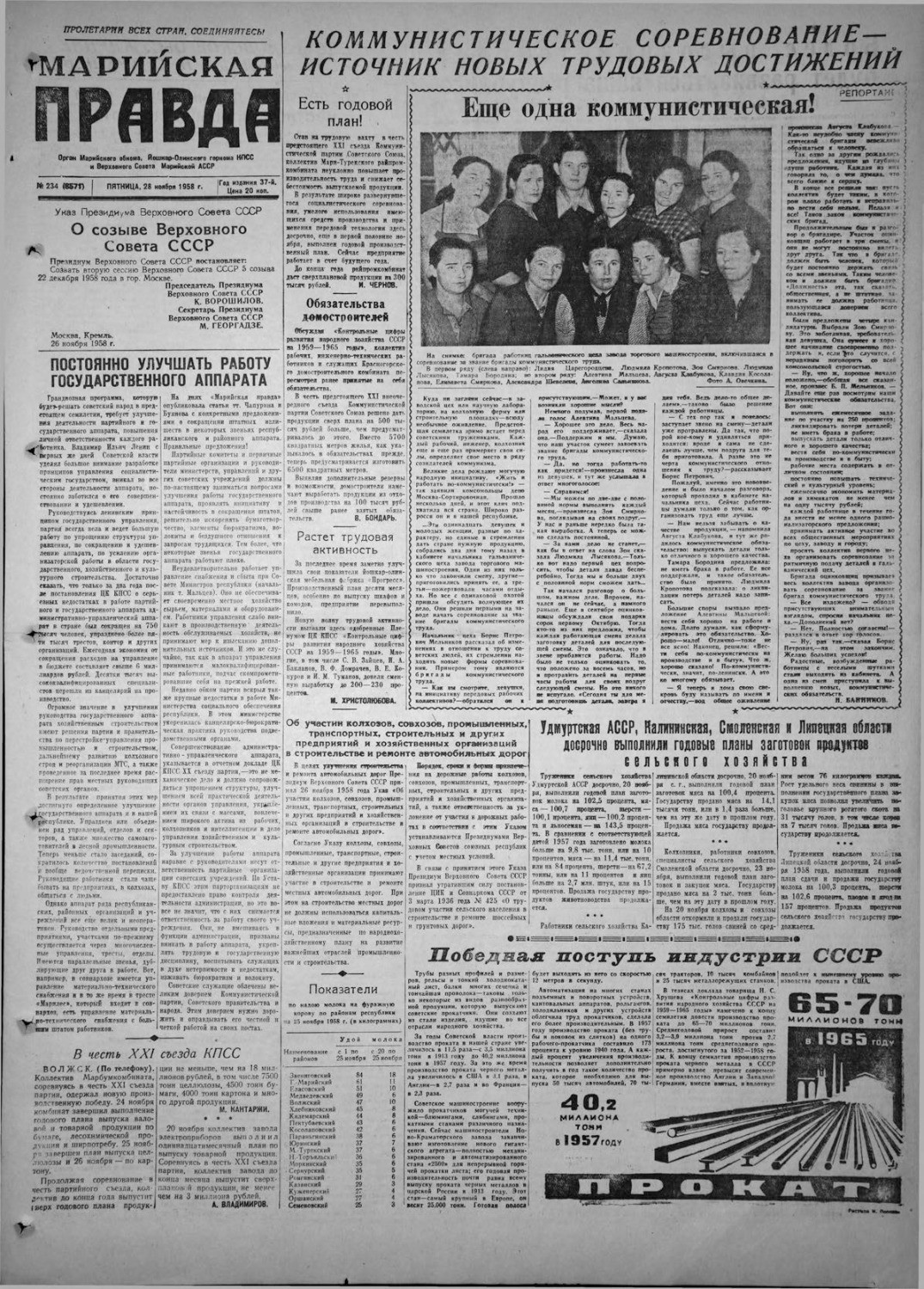 Газета «Марийская правда» от 28.11.1958