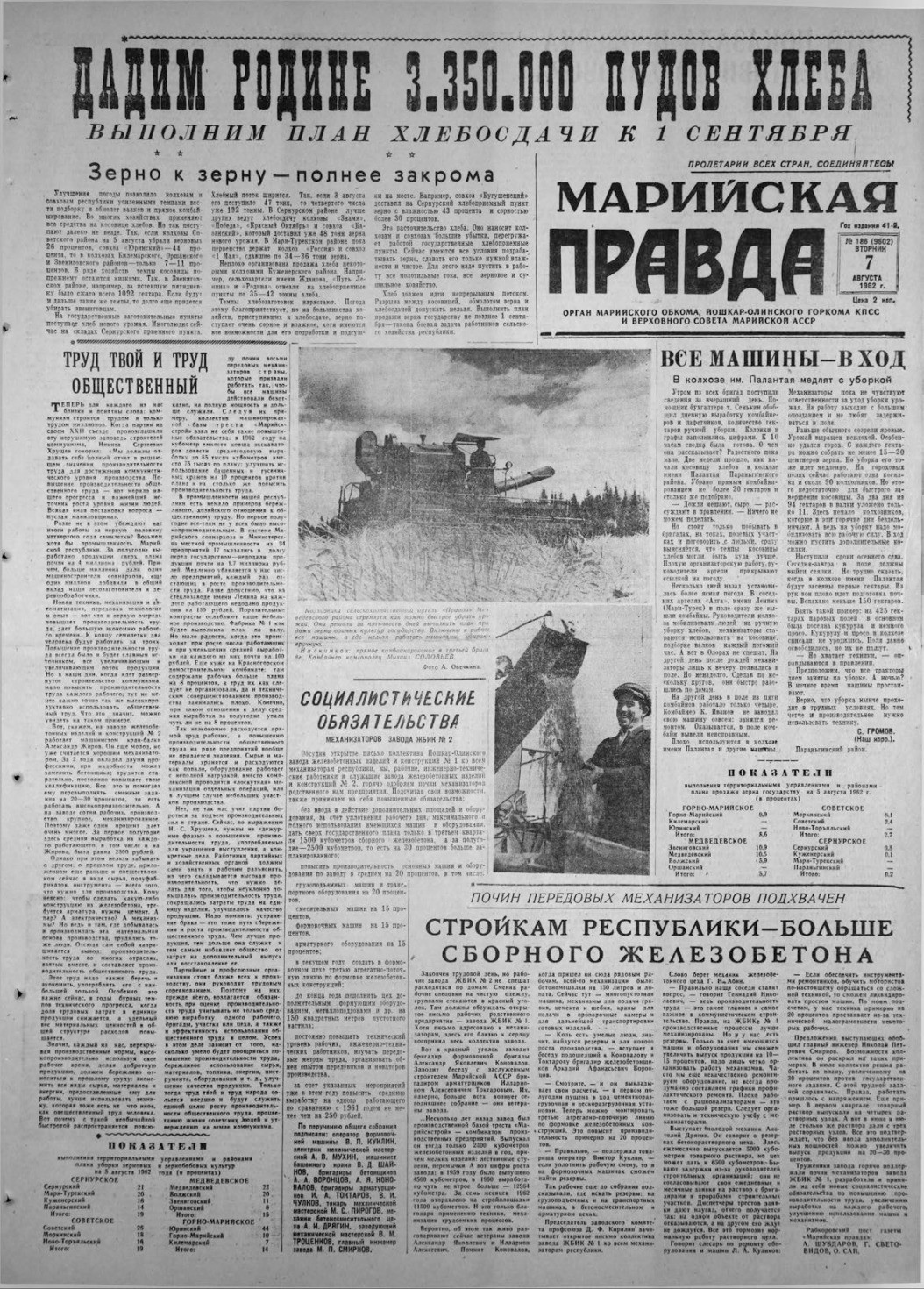 Газета «Марийская правда» от 07.08.1962