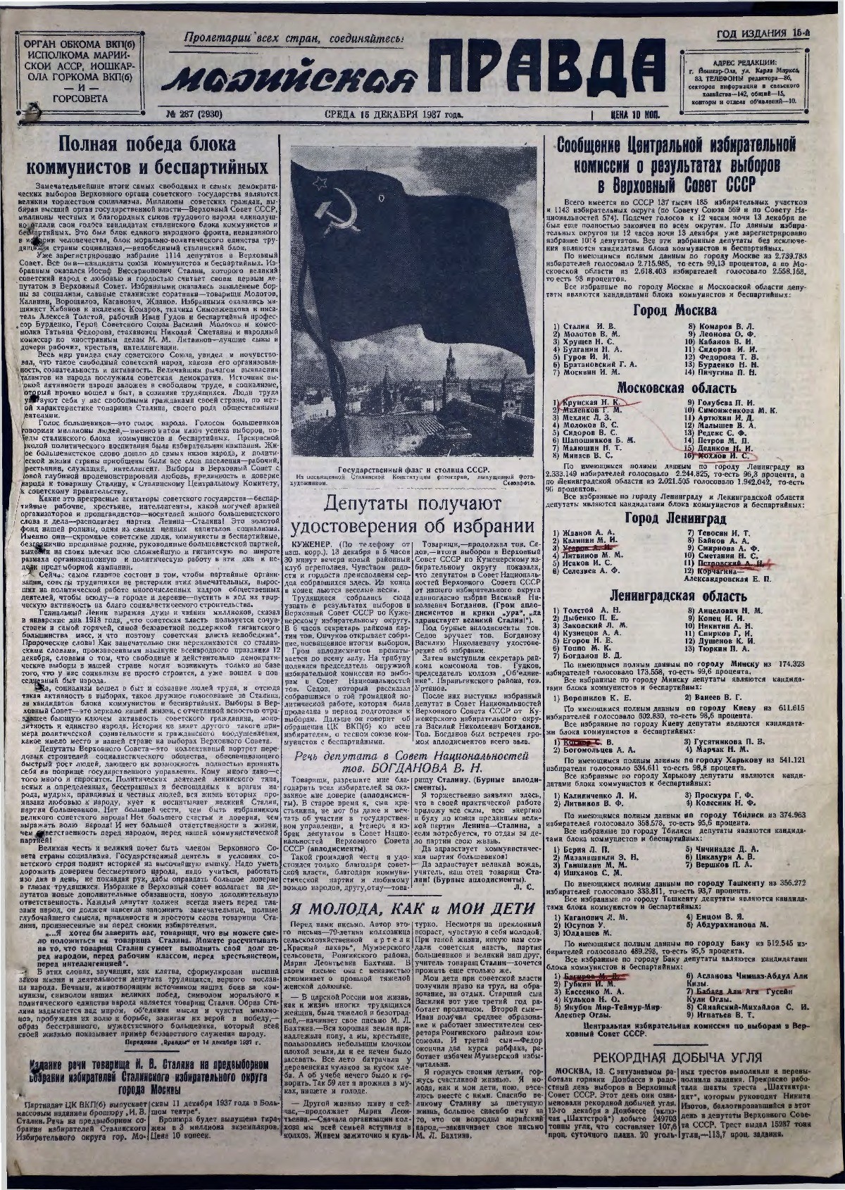 Газета «Марийская правда» от 15.12.1937