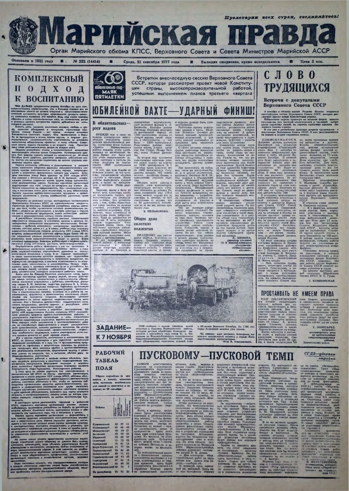 Газета «Марийская правда» от 21.09.1977