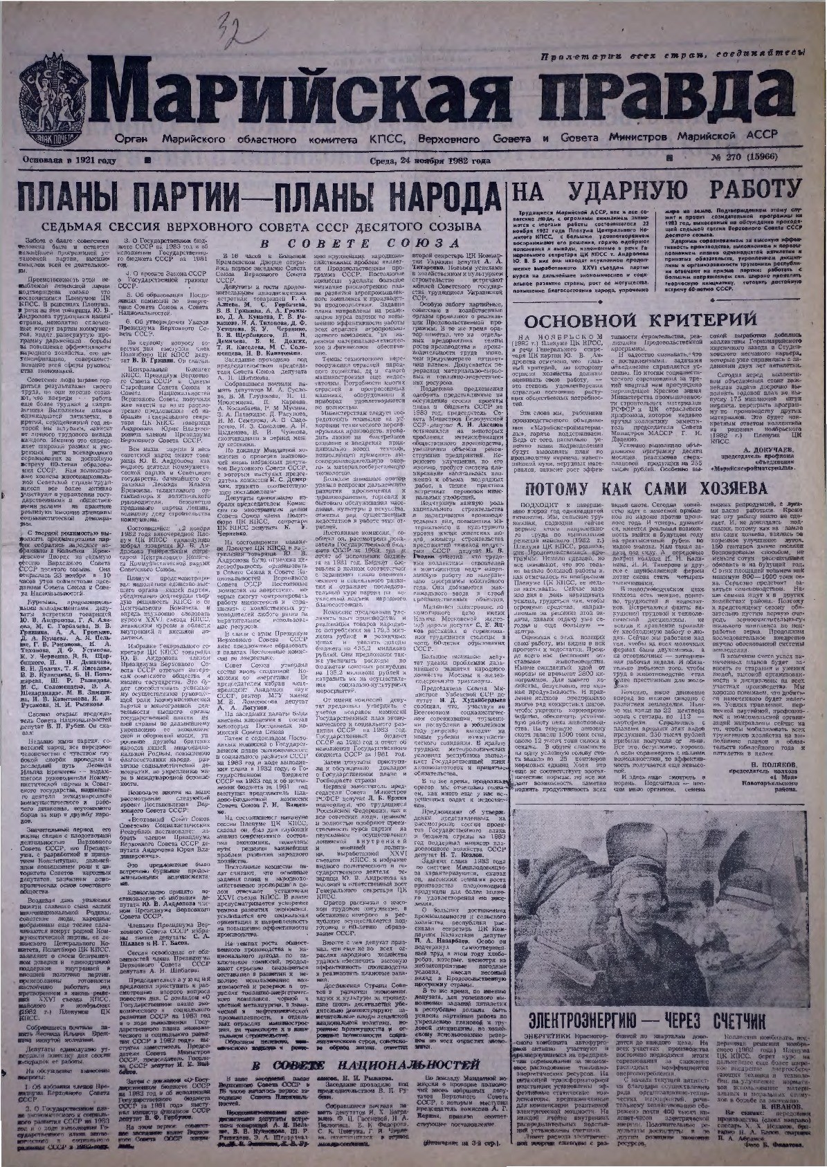 Газета «Марийская правда» от 24.11.1982