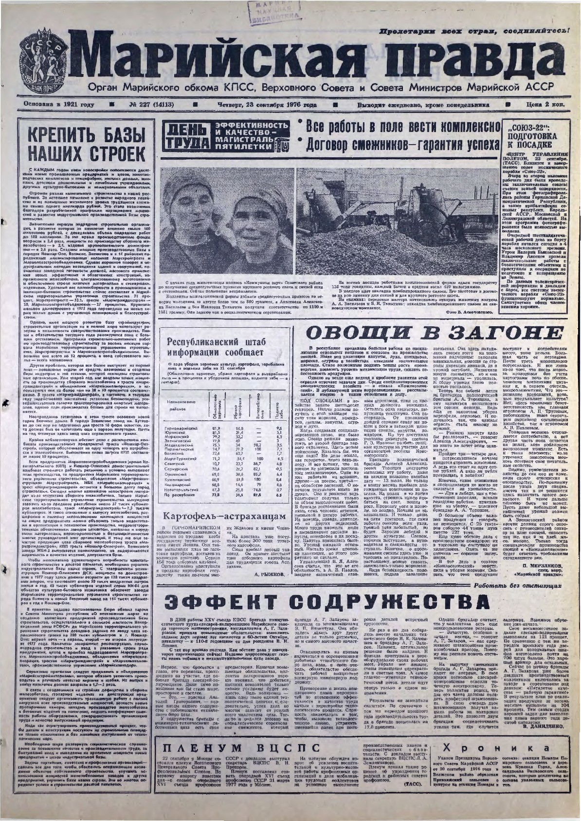 Газета «Марийская правда» от 23.09.1976