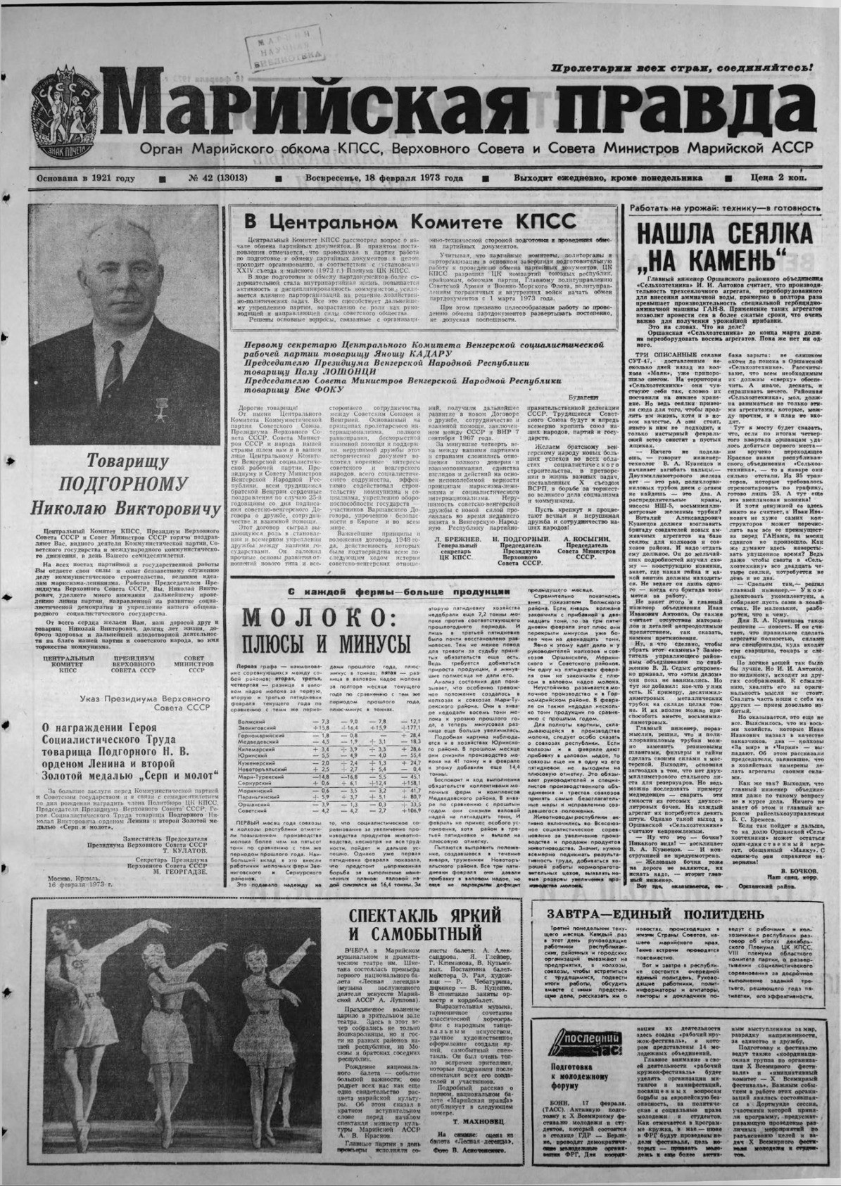 Газета «Марийская правда» от 18.02.1973