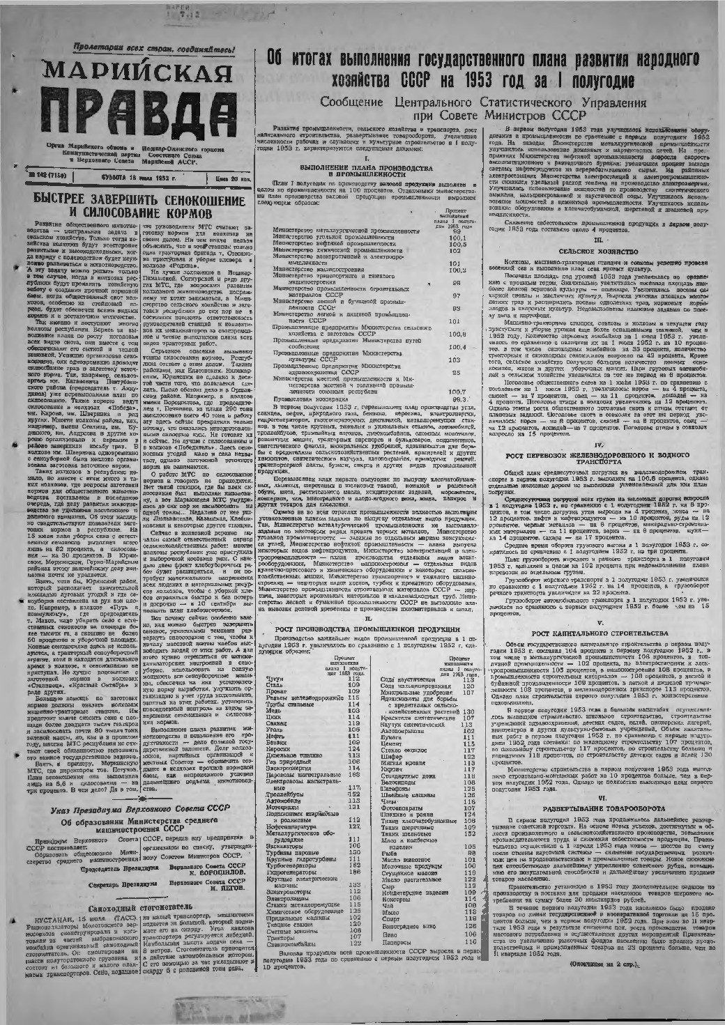 Газета «Марийская правда» от 18.07.1953