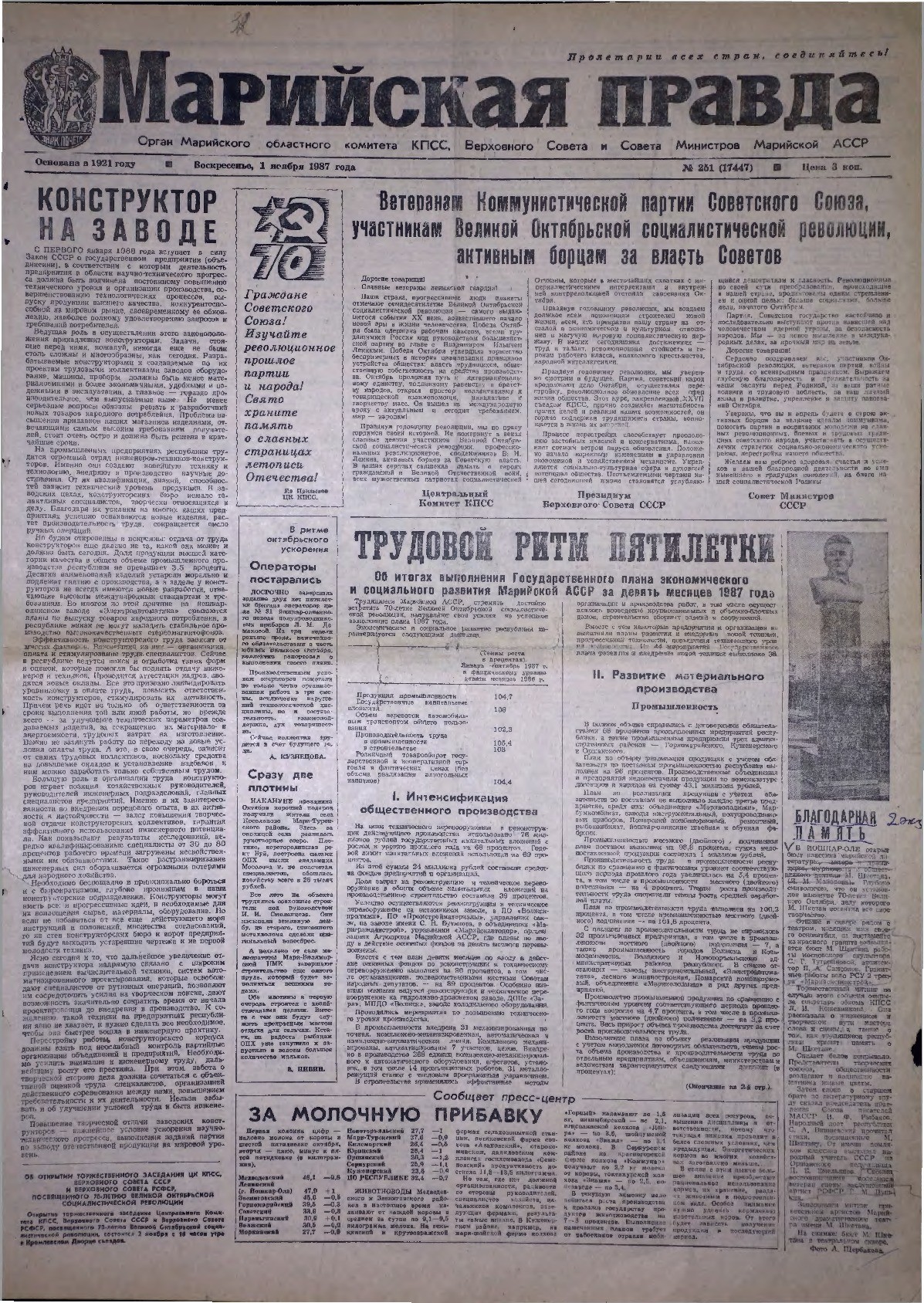 Газета «Марийская правда» от 01.11.1987