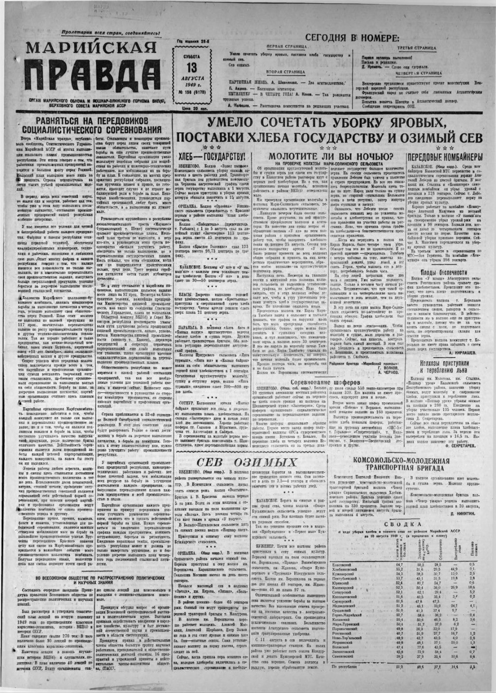 Газета «Марийская правда» от 13.08.1949