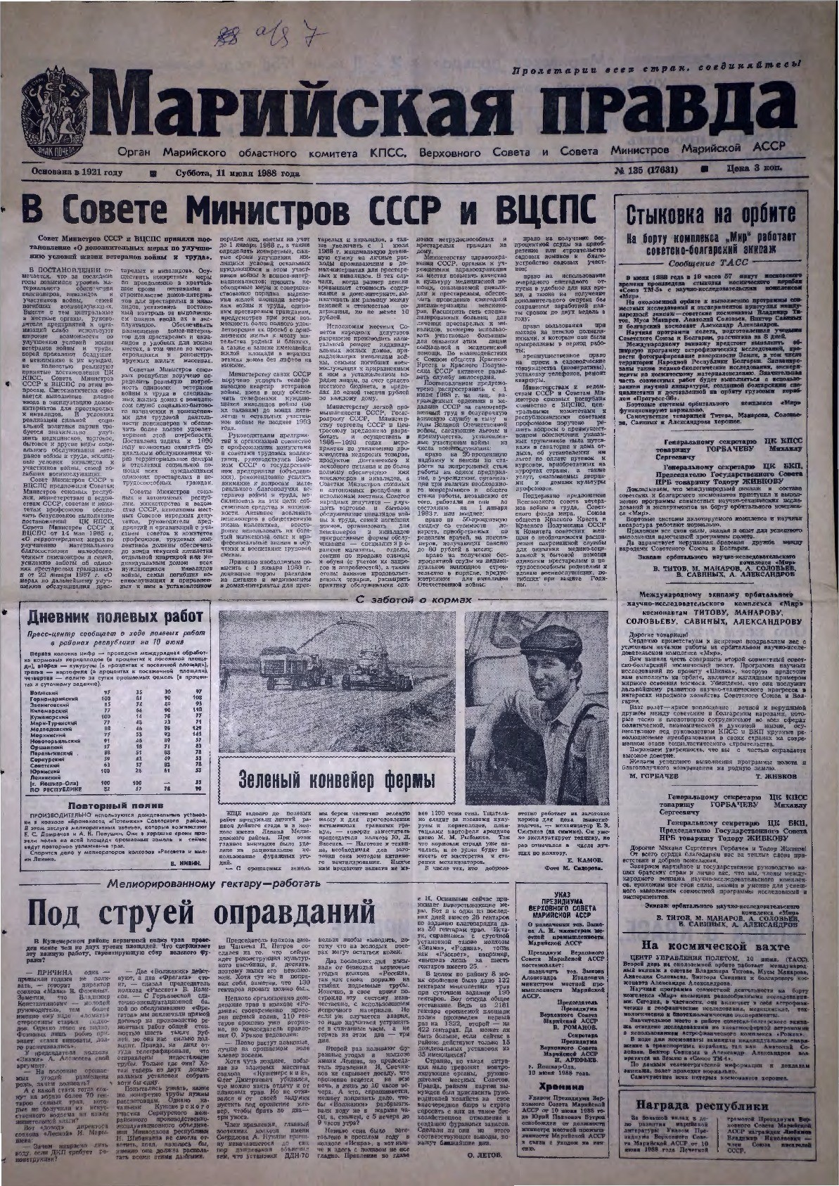 Газета «Марийская правда» от 11.06.1988