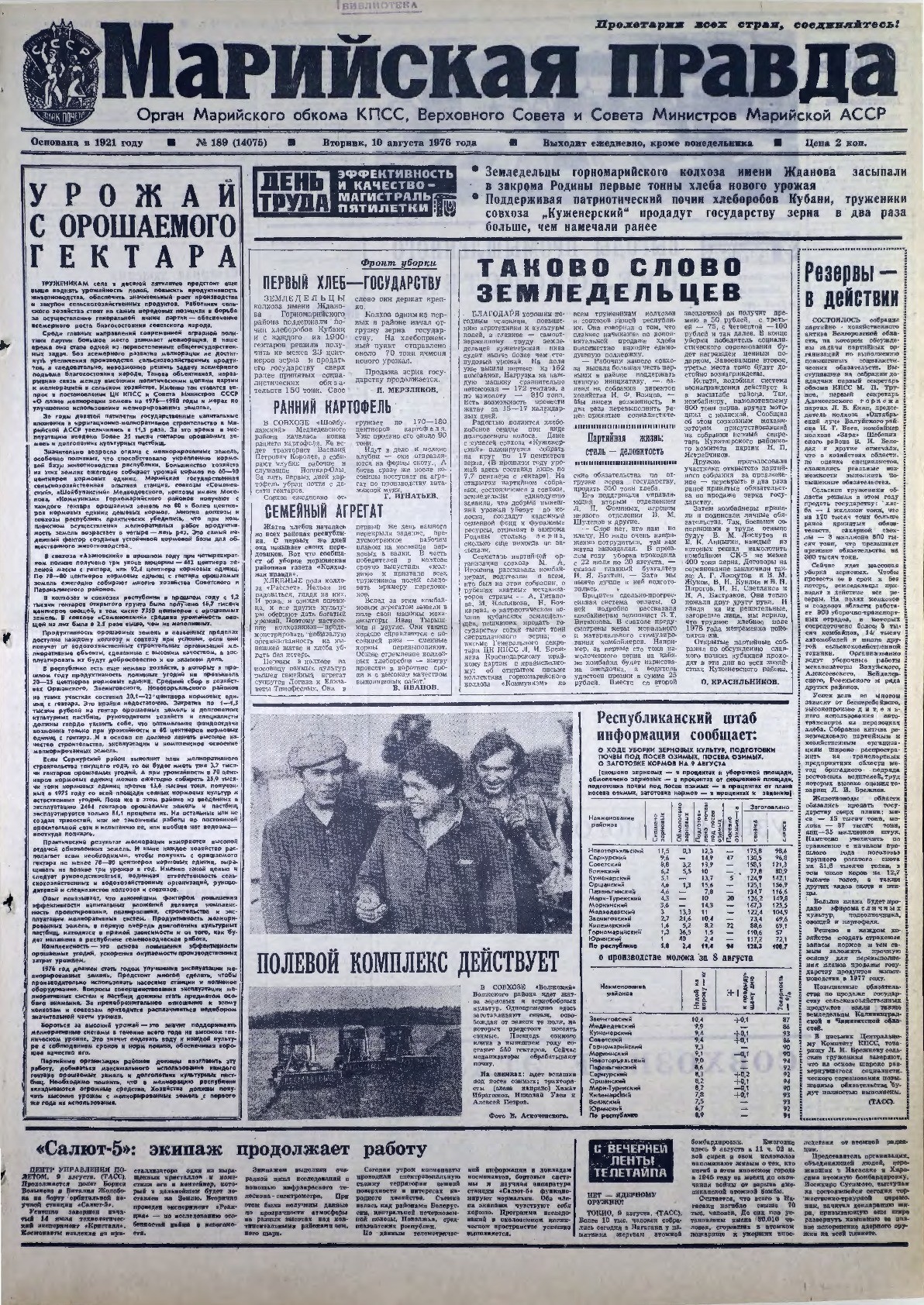 Газета «Марийская правда» от 10.08.1976