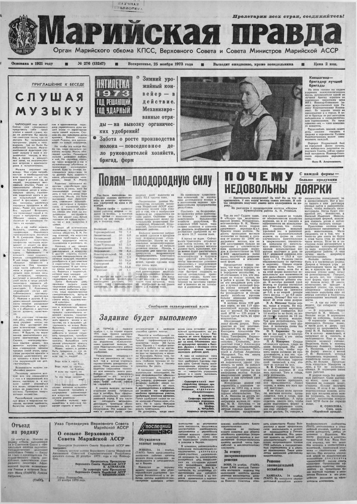 Газета «Марийская правда» от 25.11.1973