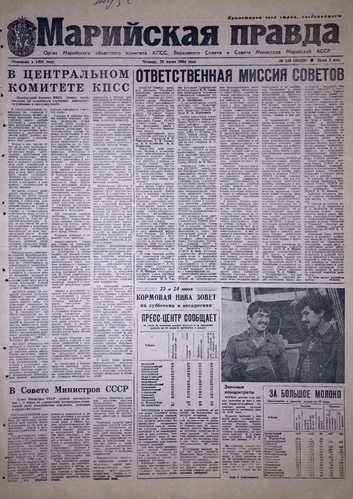 Газета «Марийская правда» от 21.06.1984