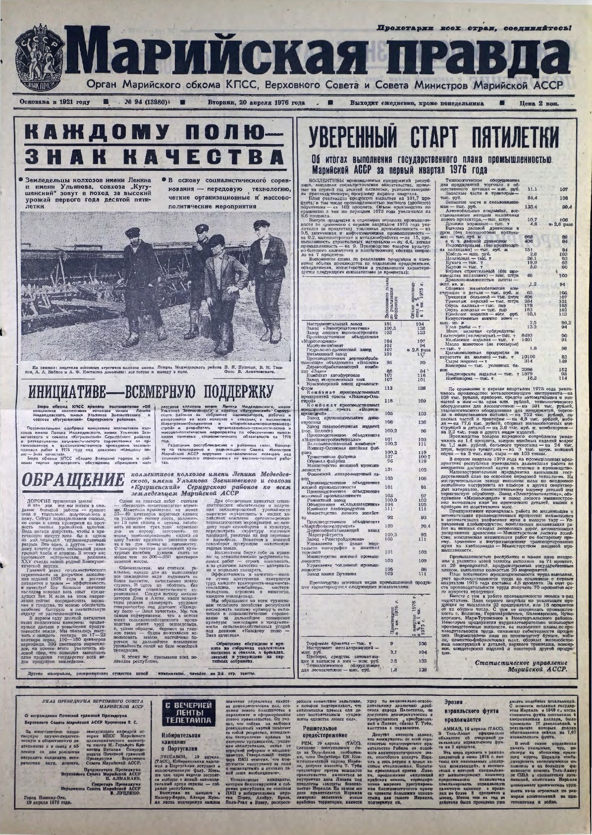 Газета «Марийская правда» от 20.04.1976