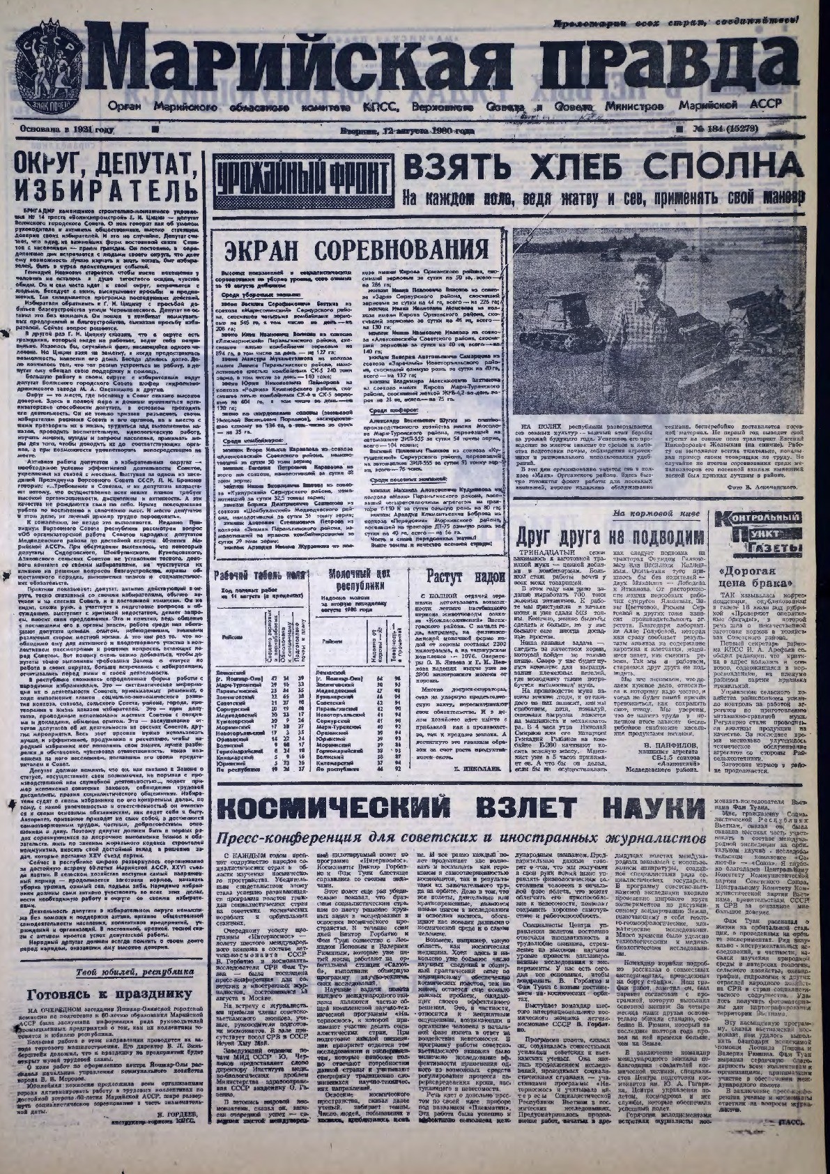 Газета «Марийская правда» от 12.08.1980