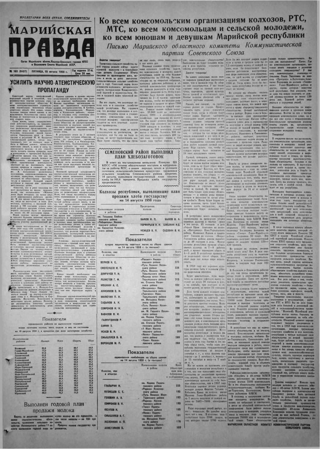 Газета «Марийская правда» от 15.08.1958