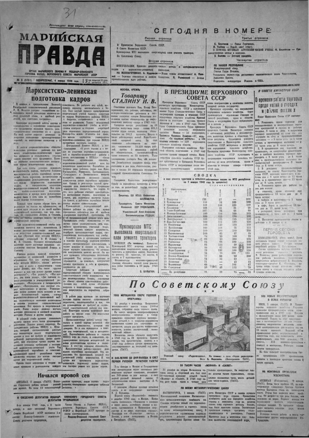 Газета «Марийская правда» от 04.01.1948