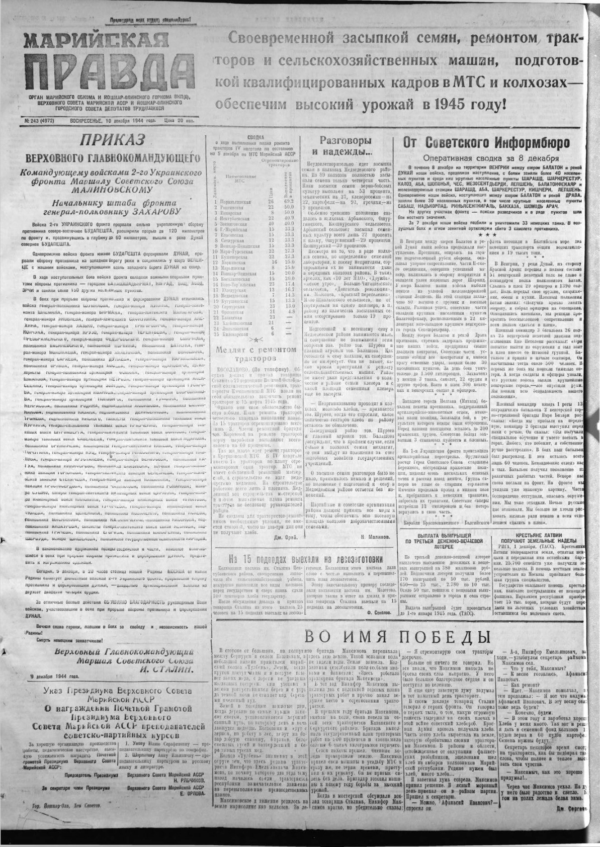 Газета «Марийская правда» от 10.12.1944