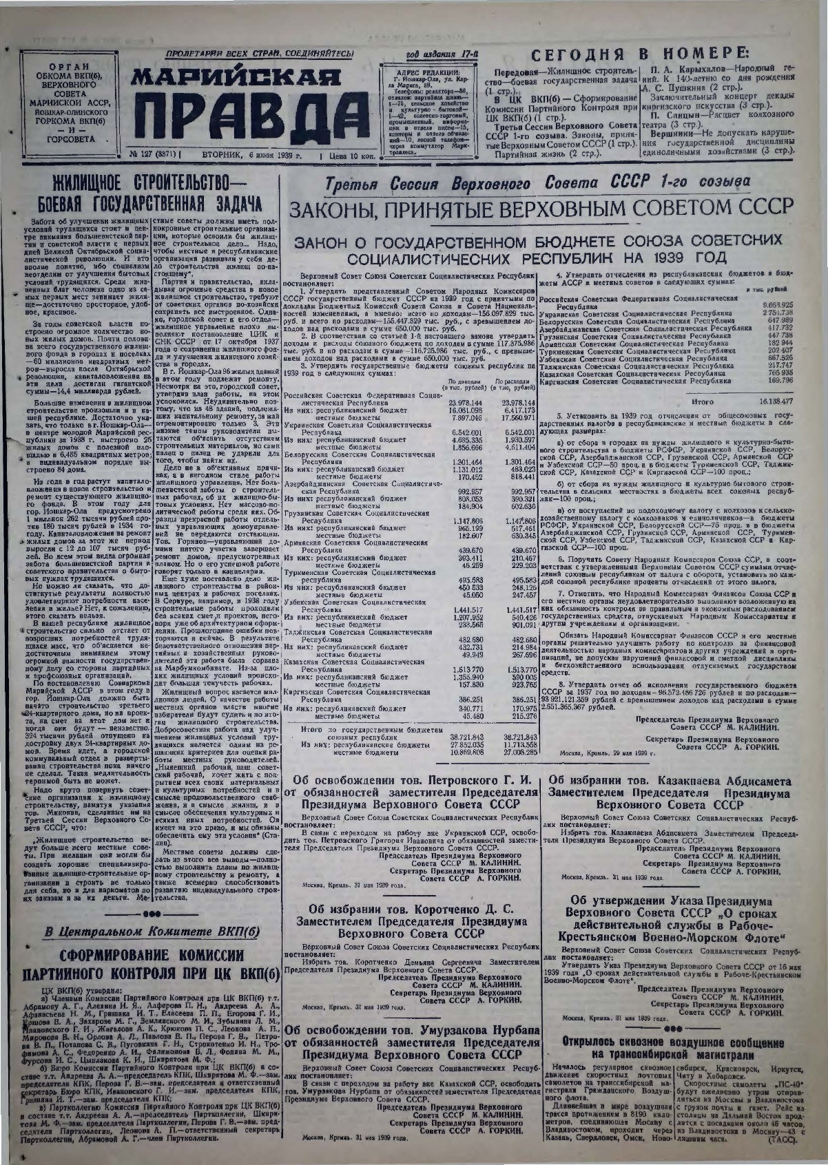 Газета «Марийская правда» от 06.06.1939