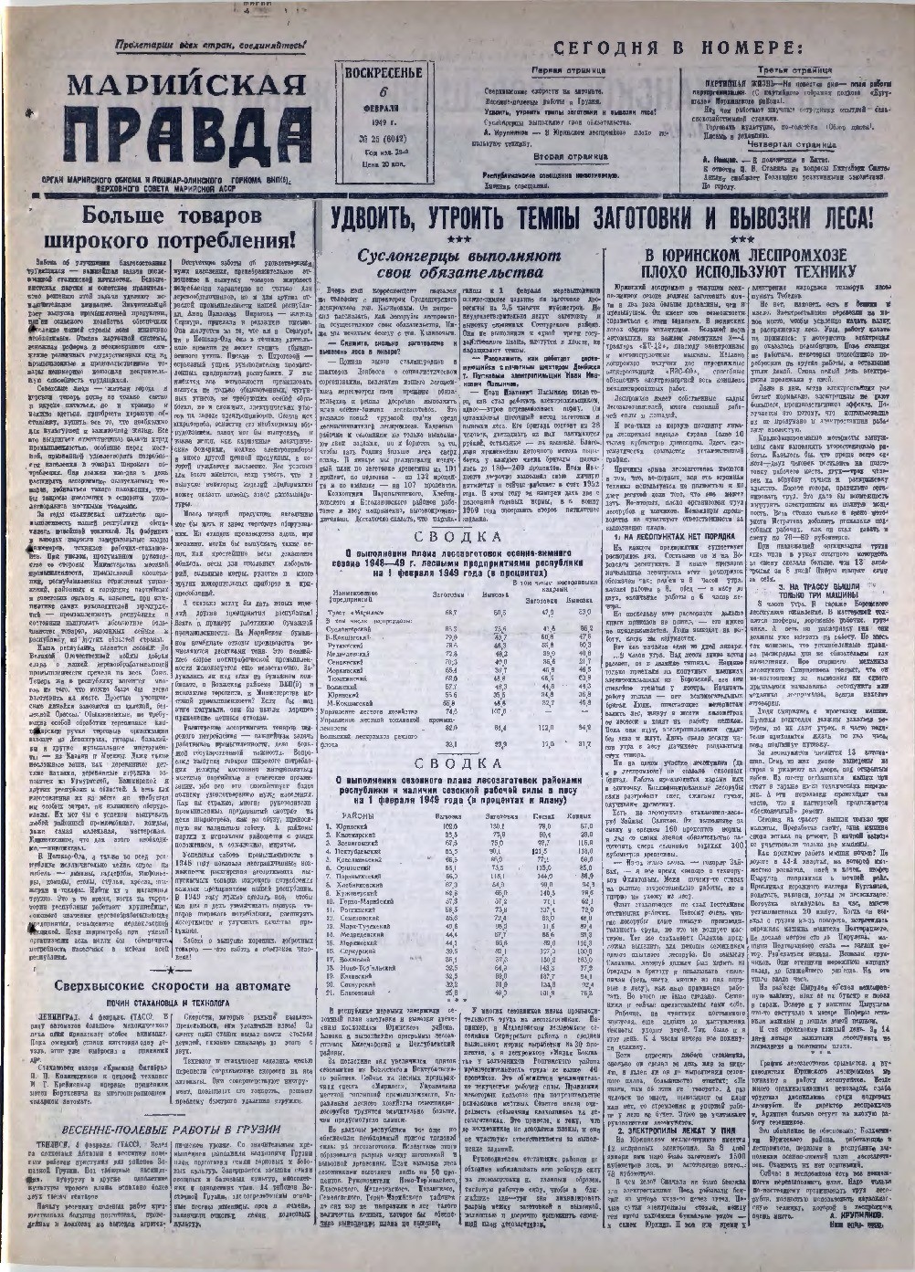 Газета «Марийская правда» от 06.02.1949