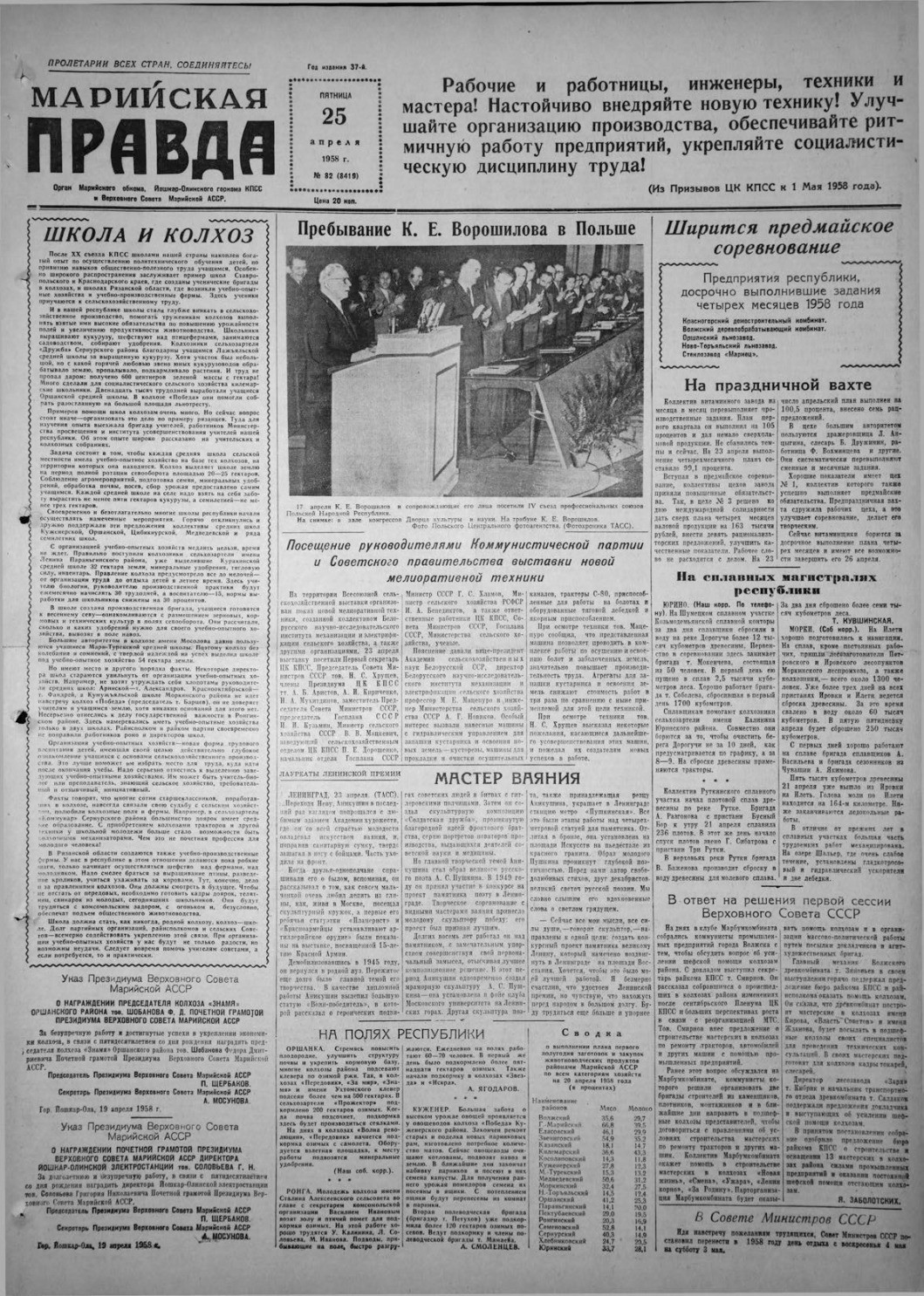 Газета «Марийская правда» от 25.04.1958