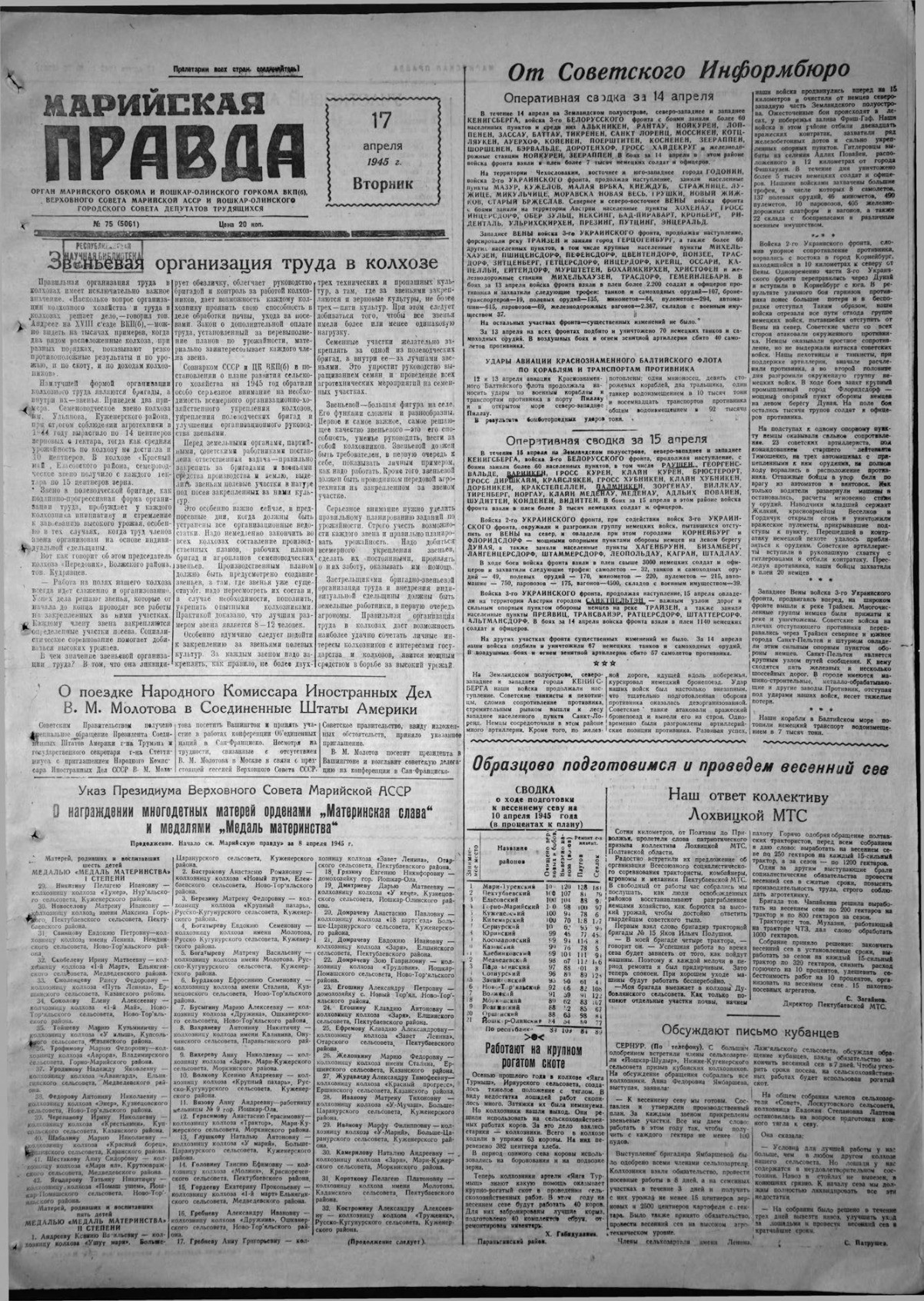 Газета «Марийская правда» от 17.04.1945