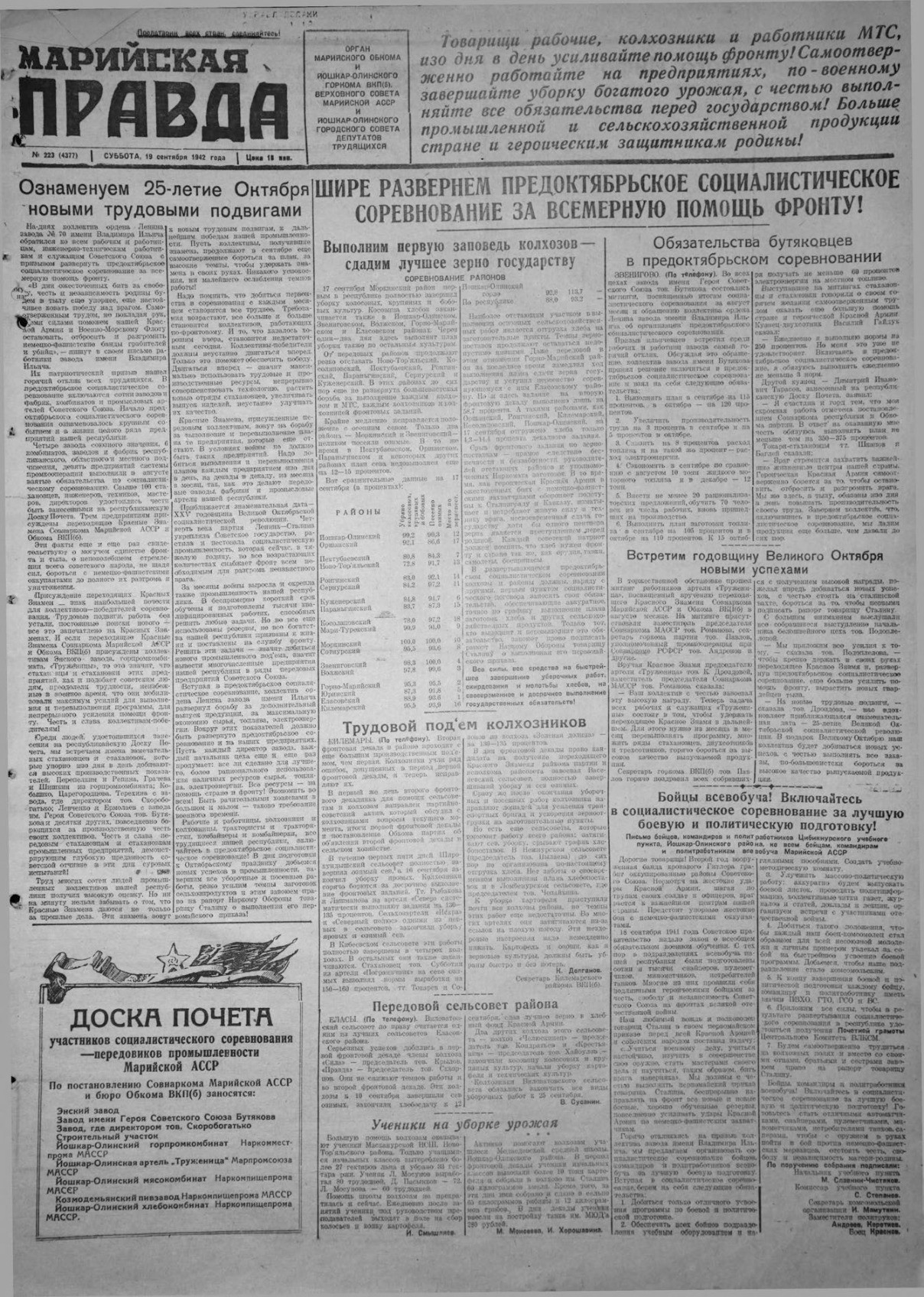 Газета «Марийская правда» от 19.09.1942