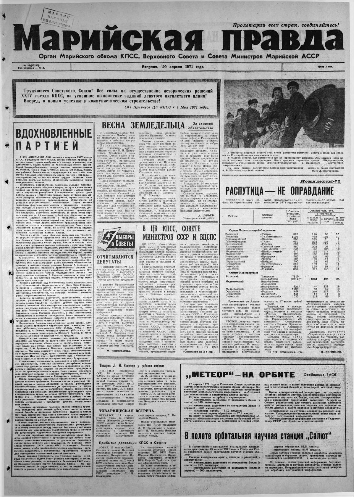 Газета «Марийская правда» от 20.04.1971