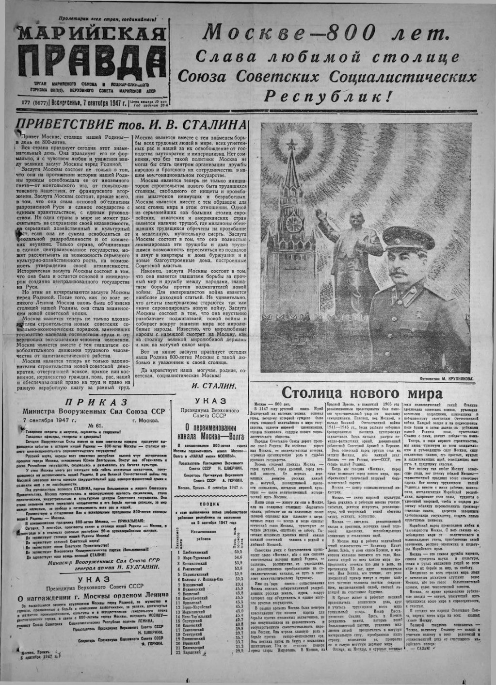 Газета «Марийская правда» от 07.09.1947