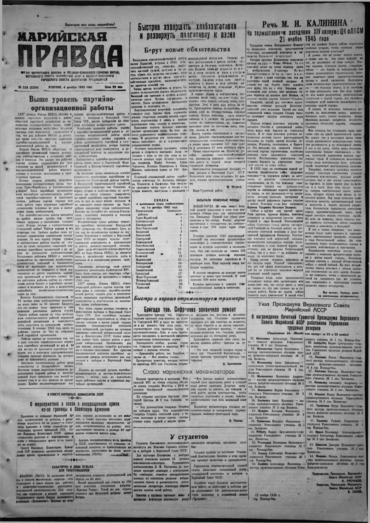 Газета «Марийская правда» от 04.12.1945