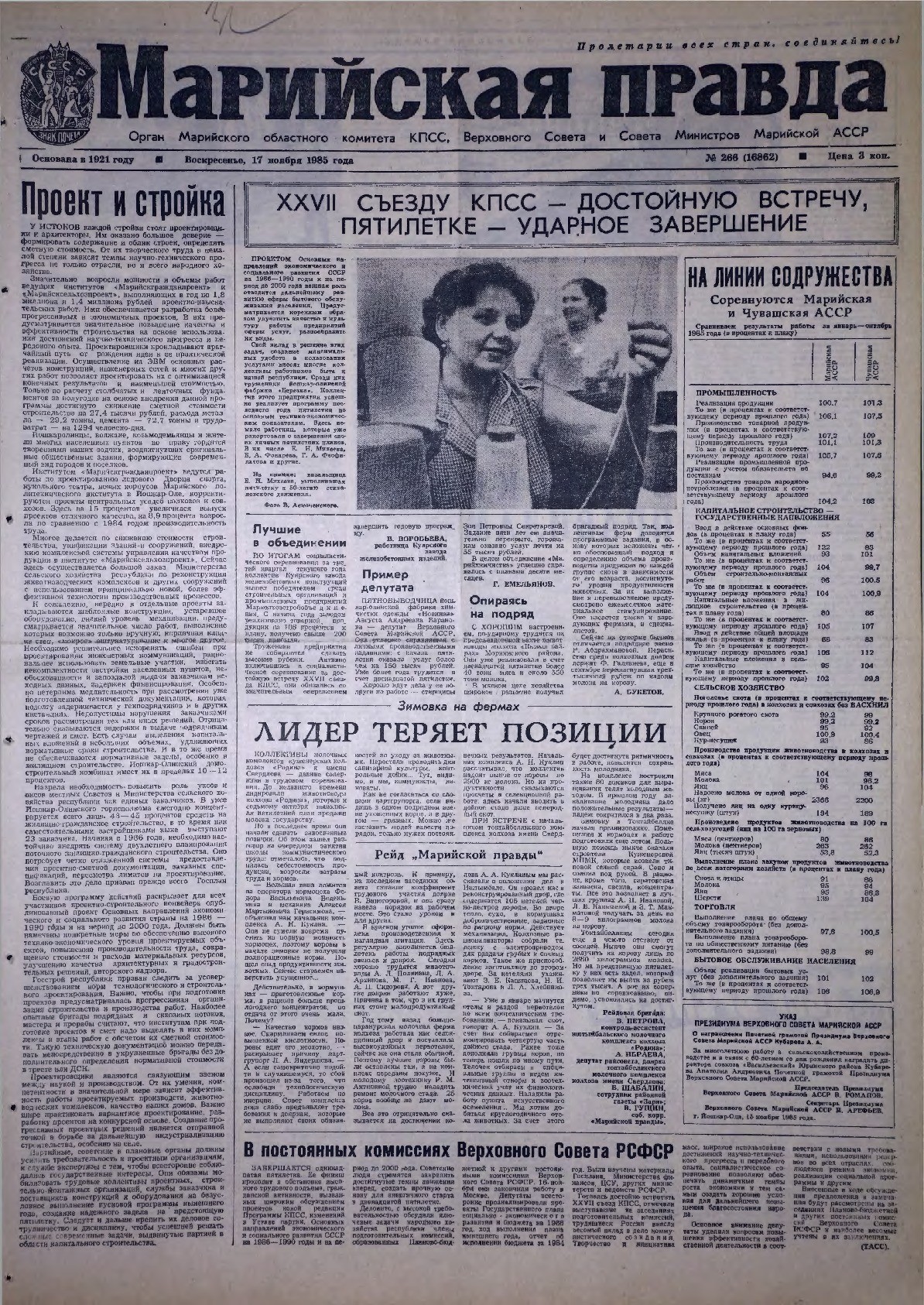 Газета «Марийская правда» от 17.11.1985