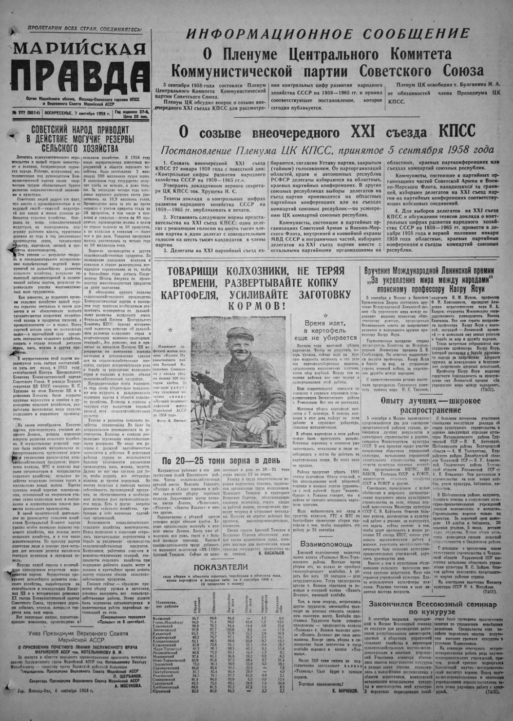 Газета «Марийская правда» от 07.09.1958