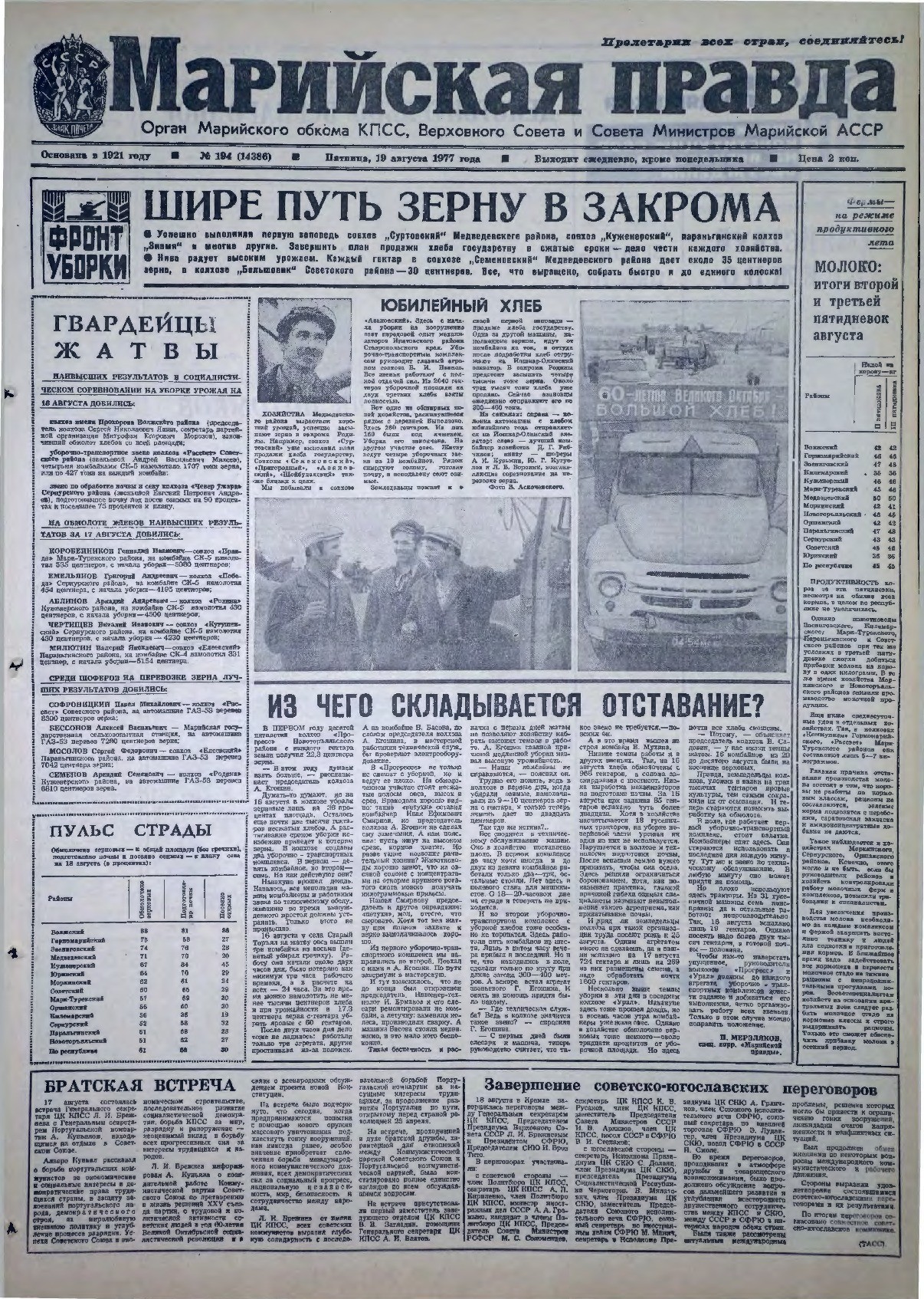 Газета «Марийская правда» от 19.08.1977