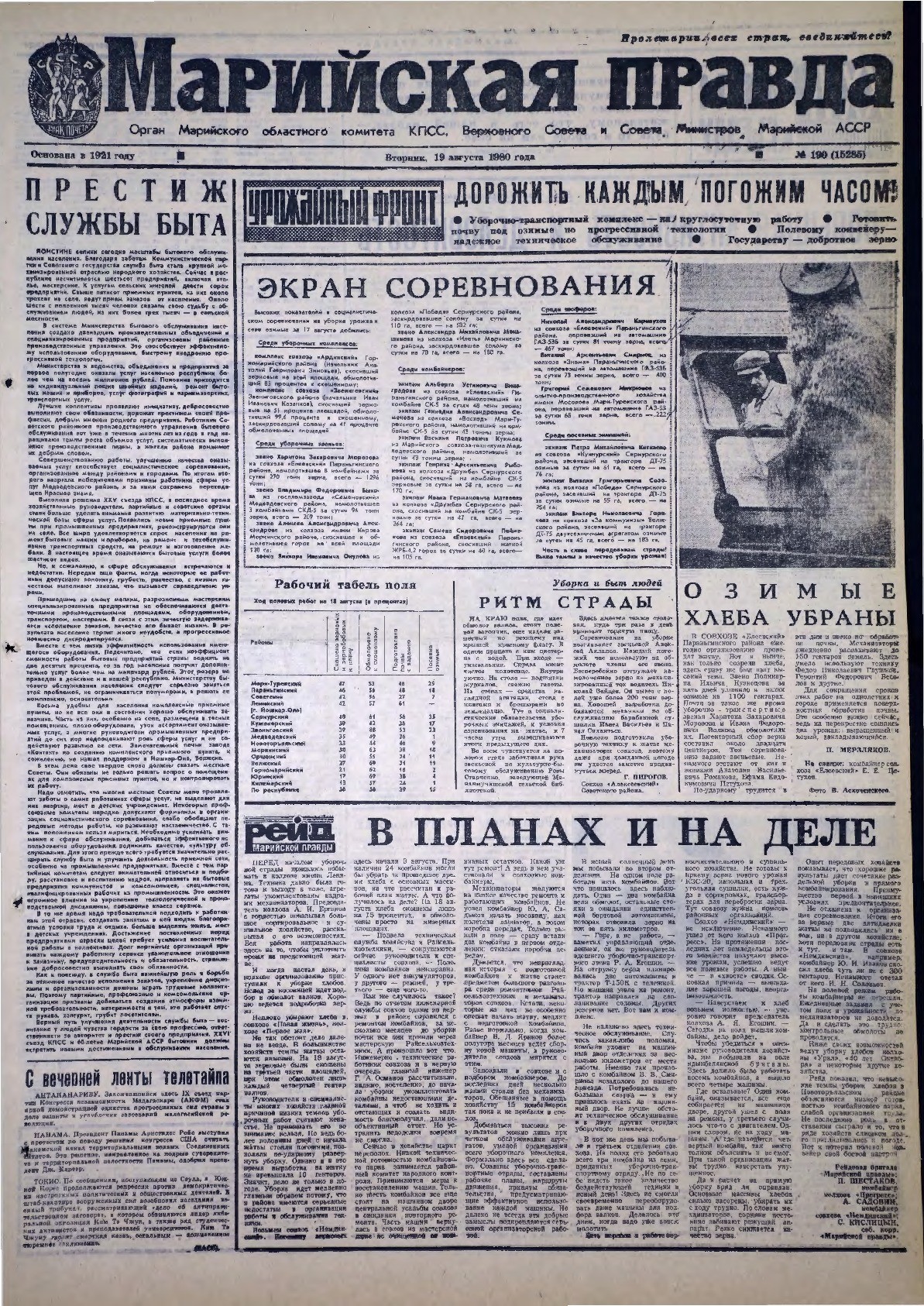 Газета «Марийская правда» от 19.08.1980