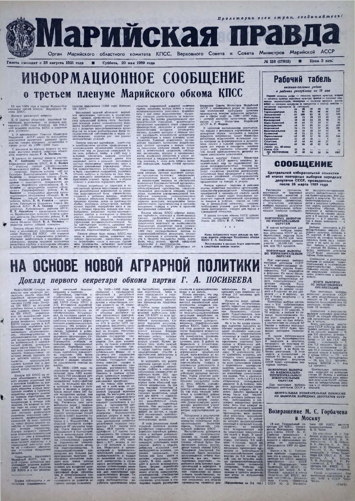 Газета «Марийская правда» от 20.05.1989