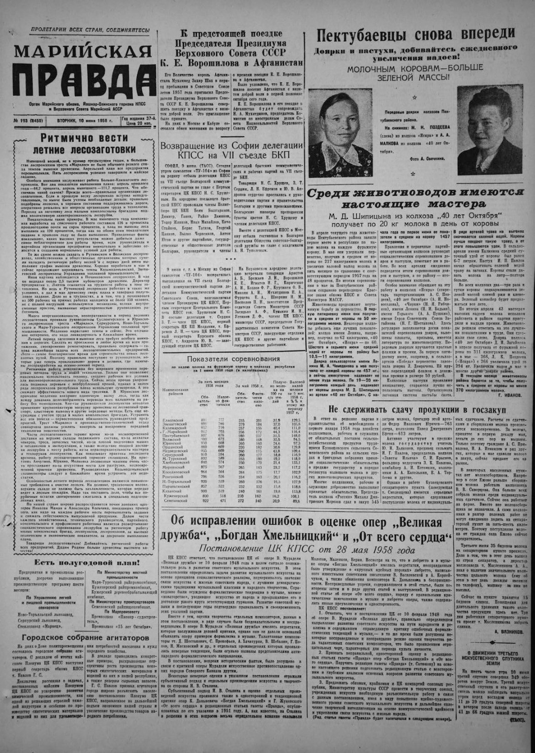 Газета «Марийская правда» от 10.06.1958