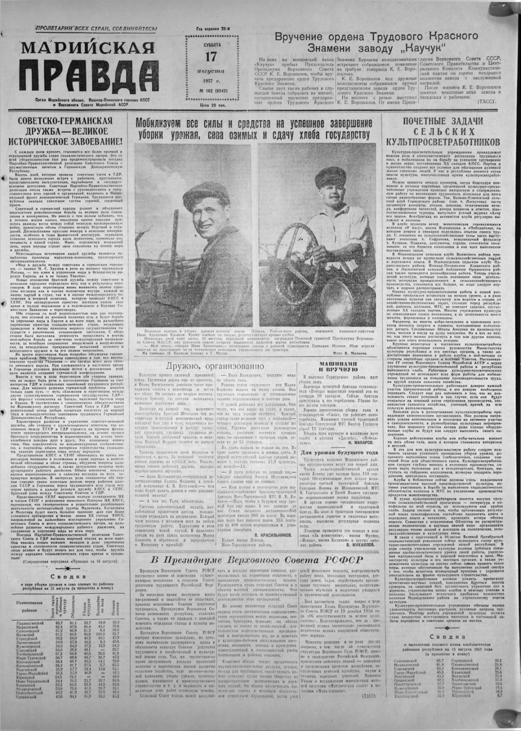 Газета «Марийская правда» от 17.08.1957